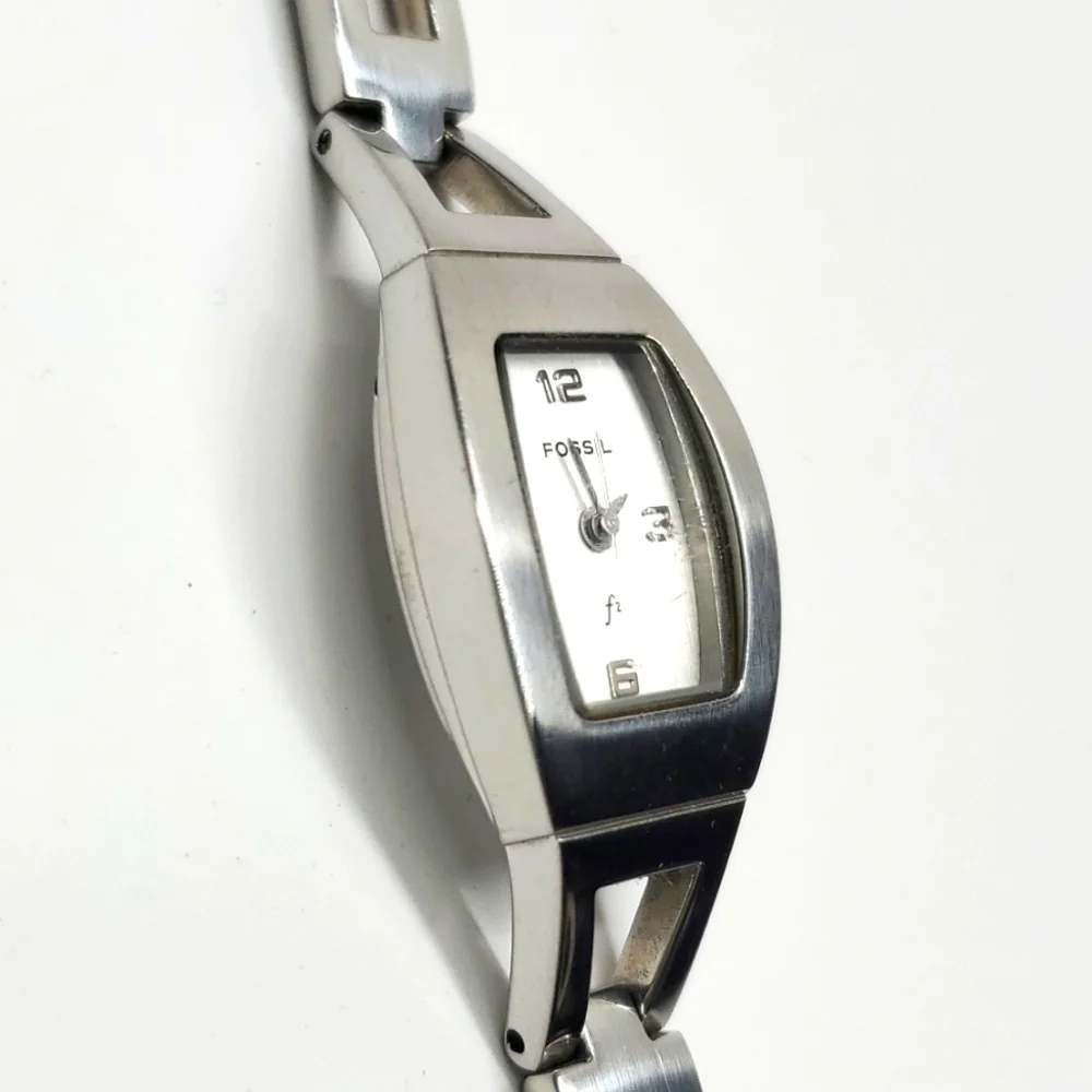 Vintage Fossil Watch F² ES9381 Silver Toned Steel Wristband White Face Watch